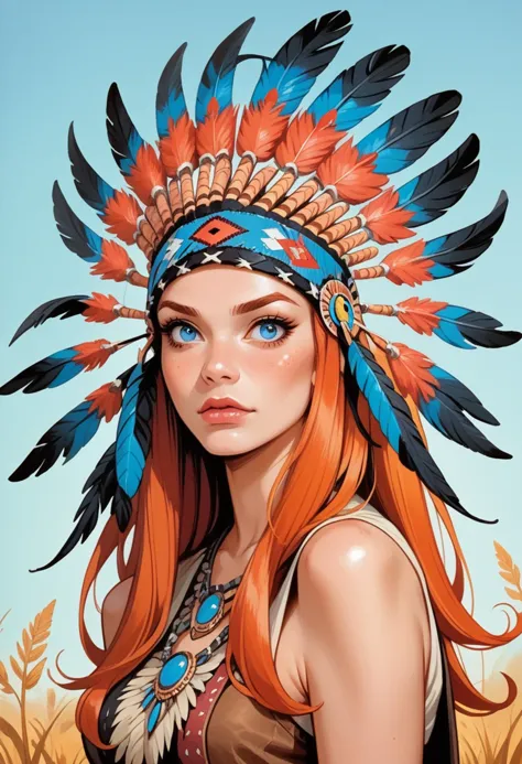 a woman with a headdress and feathers on her head