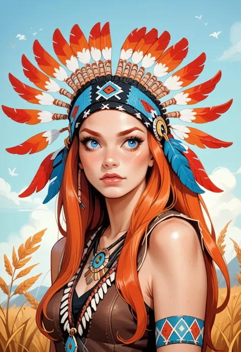 a woman with an indian headdress in a field