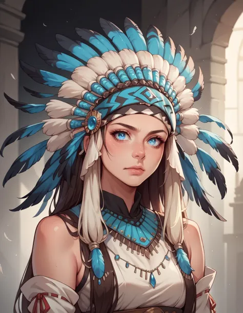 a woman in a native headdress with blue eyes