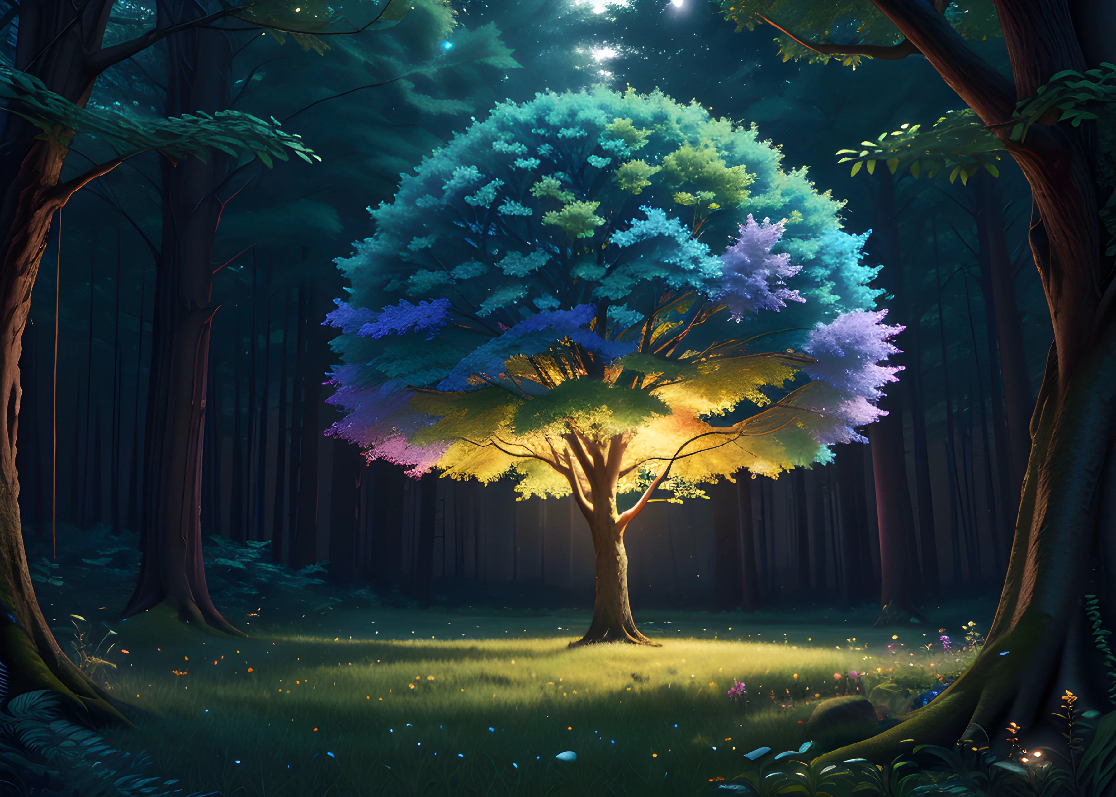 arbre, lumière de garniture, 8K extrêmement détaillé, ombres, (débruitage:0.6), haute résolution, chef-d&#39;œuvre, 1garçon, 8k, émotion arc-en-ciel abstrait coloré, élégant, Super détaillé, Studio Ghibli, éclairage latéral, au milieu d&#39;une forêt brumeuse la nuit