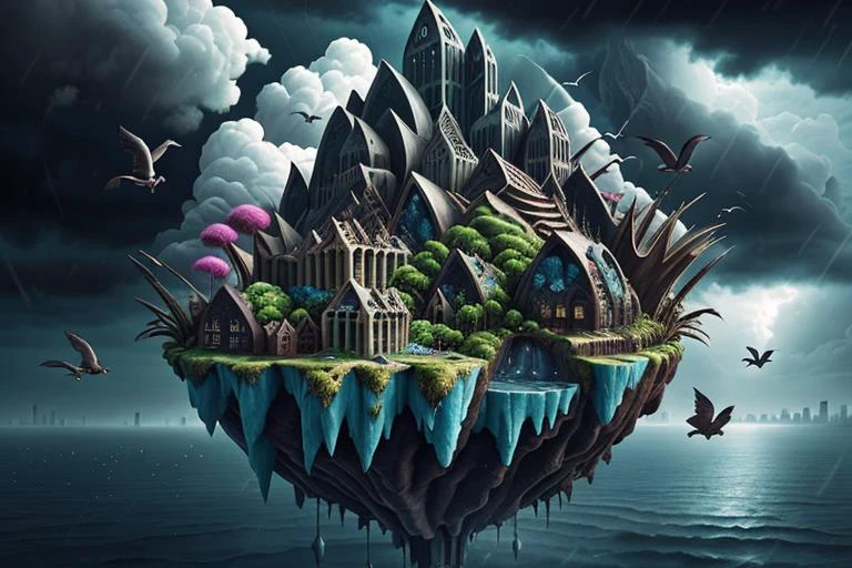 floating island city, birds, creatures, ancient, stormy, clockpunk, 8k, sharp,