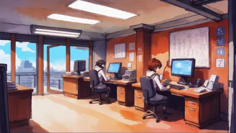 rough idyllic anime watercolor sketch, emergency communications center \(room\) in a cozy scifi village at the beginning of the ...