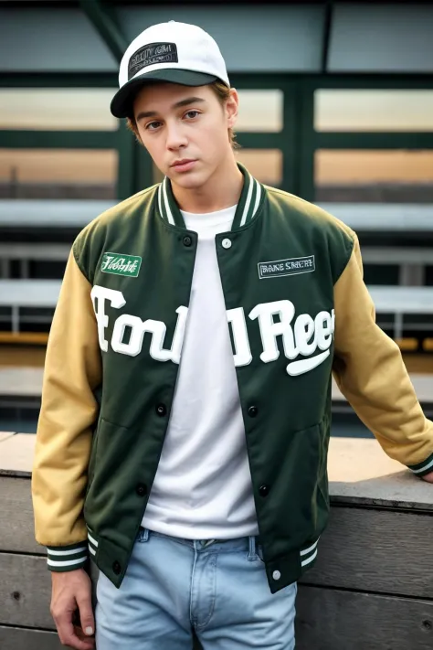 RAW photo, photo of justin_owen <lora:justin_owen-07:0.75> wearing a green letterman jacket a white t-shirt, and jeans, and back...