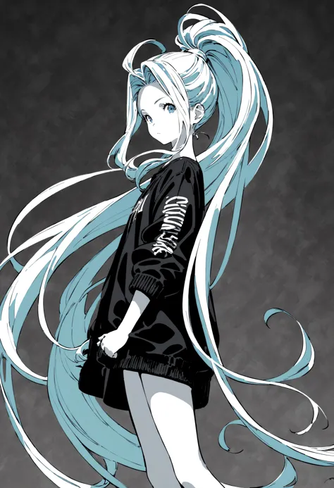 masterpiece, best quality, very aesthetic, absurdres, official art, official wallpaper, alternate costume, (monochrome:0.65), simble background, 
1girl, solo, lyria \(granblue fantasy\), very long hair, street fashion, standing, ponytail, 
from side, looking at viewer, (serious:0.1), 
 <lora:lyria-XL:0.8>