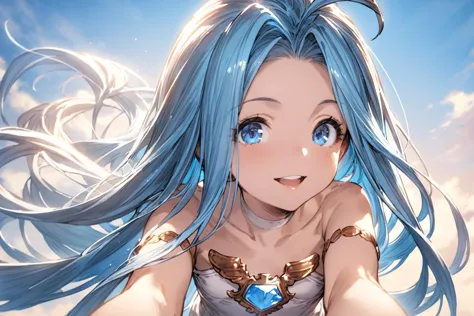 masterpiece, best quality, very aesthetic, absurdres,
POV, 1girl, solo, smile, imminent kiss, blue sky, perspective, looking at viewer, 
lyria \(granblue fantasy\), very long hair, ahoge, blue hair, small breasts, skinny, strapless, (white choker:0.8), (armlet:0.4), 
 <lora:lyria-XL:0.8>,   <lora:ishikeiXL:0.4> upper teeth only,