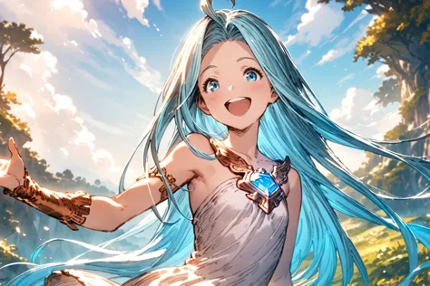 masterpiece, best quality, absurdres,
1girl, solo, happy, smile, outdoors, blue sky, sky,
lyria \(granblue fantasy\), sleeveless...