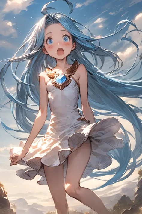 masterpiece, best quality, very aesthetic, absurdres,
1girl, solo, outdoors, heavy wind, wind lift, blown skirt, panty, surprised, blush, floating hair, 
lyria \(granblue fantasy\), very long hair, blue hair, ahoge, small breasts, skinny, 
<lora:lyria-XL:0.8>, <lora:ishikeiXL:0.2>, clear eyes,