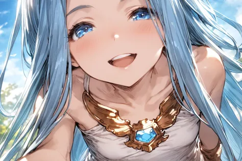 masterpiece, best quality, very aesthetic, absurdres,
POV, 1girl, solo, smile, imminent kiss, blue sky, 
lyria \(granblue fantasy\), very long hair, blue hair, small breasts, skinny, 
 <lora:lyria-XL:0.8>,   <lora:ishikeiXL:0.5> upper teeth only,