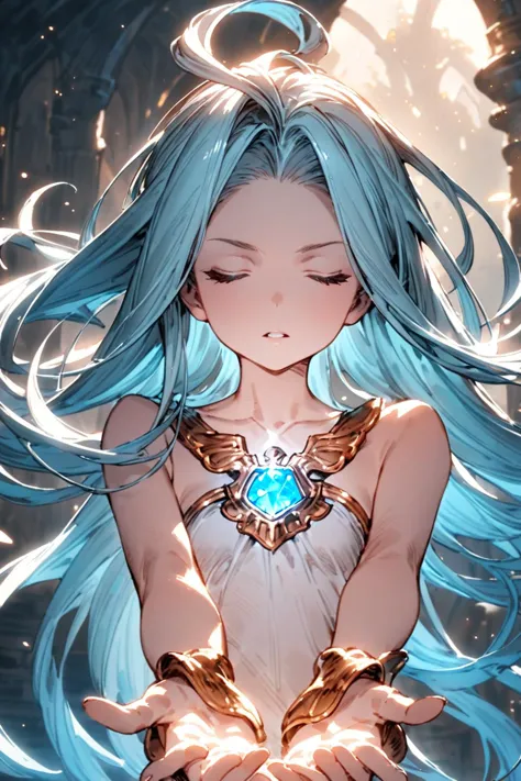 masterpiece, best quality, absurdres,
1girl, solo, scenery, magic, concentrating, closed eyes, facing viewer, floating hair, upper body, 
lyria \(granblue fantasy\), very long hair, sleeveless dress, small breasts, skinny,  glowing gem, parted lips, 
<lora:lyria-XL:0.7>, open hands,