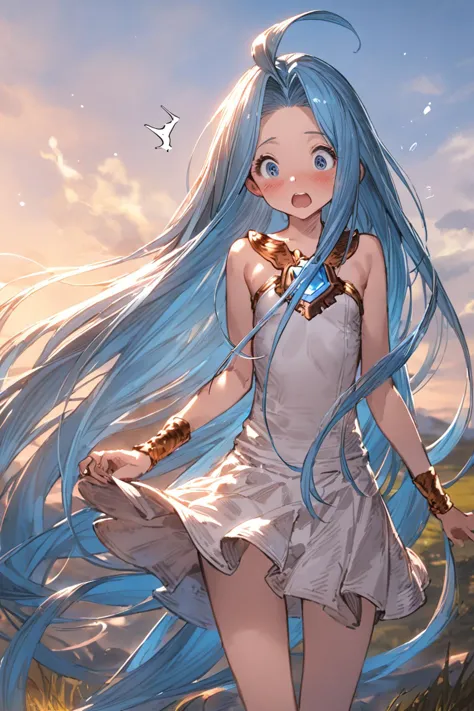 masterpiece, best quality, very aesthetic, absurdres,
1girl, solo, outdoors, heavy wind, wind lift, blown skirt, panty, surprised, blush,
lyria \(granblue fantasy\), very long hair, blue hair, ahoge, small breasts, skinny, 
<lora:lyria-XL:0.8>, <lora:ishikeiXL:0.2>, clear eyes,