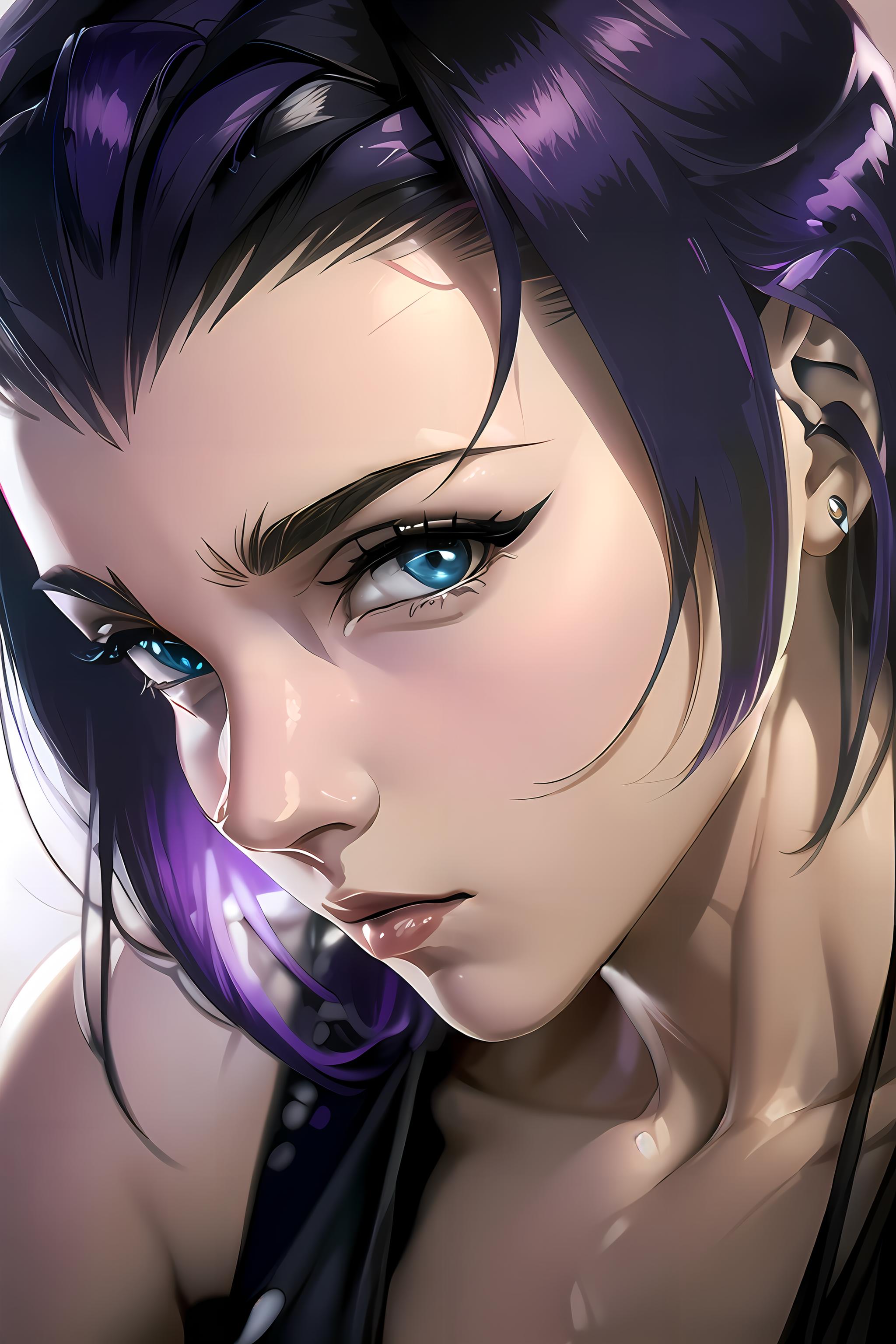 Anime girl with purple hair and piercings looking at the camera - SeaArt AI