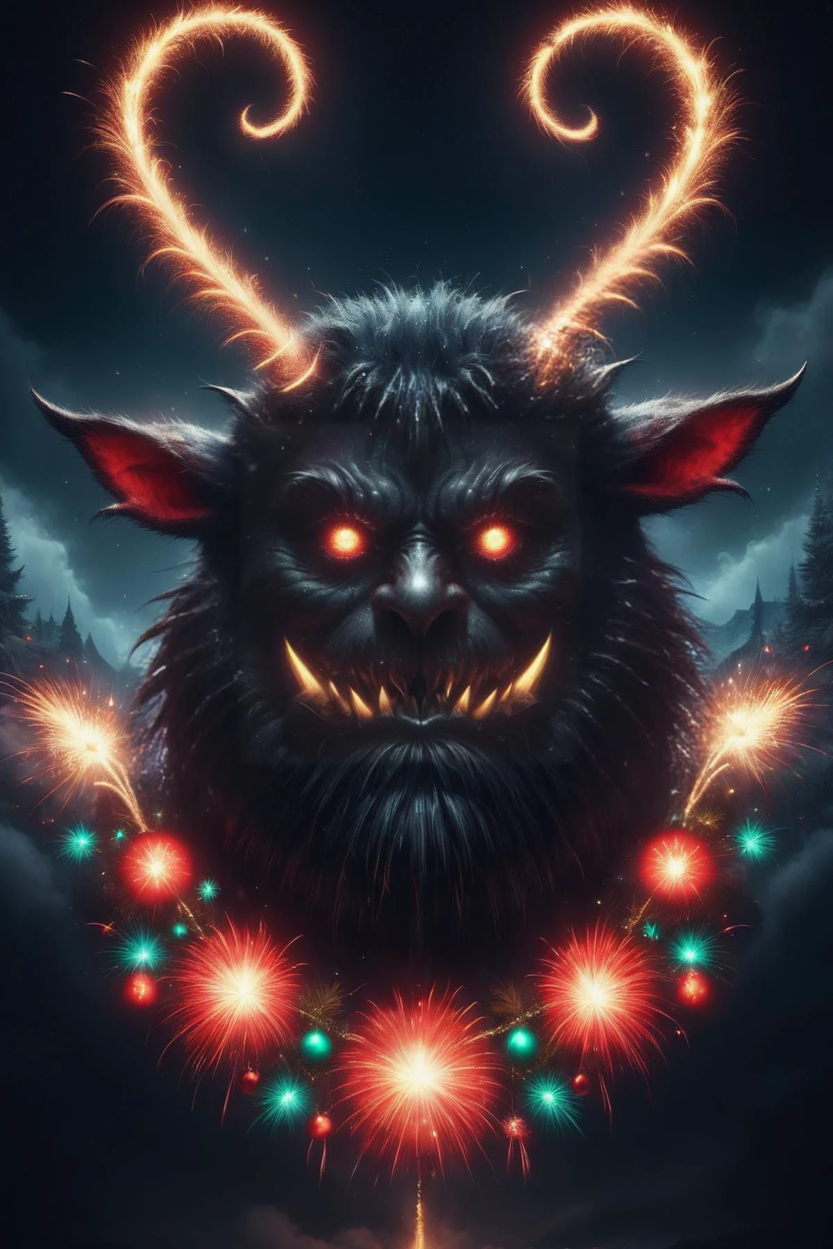 A black monster with glowing horns and red eyes surrounded by fireworks -  SeaArt AI