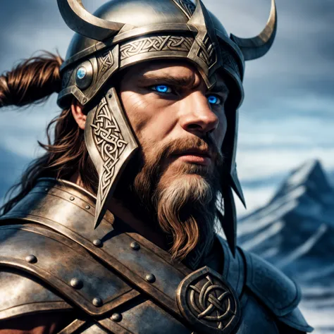 ((angry viking wearing epic viking armor with runes and a helmet )), (deep blue eyes) ,RAW photo, (epic ice Jotunheim landscape)...