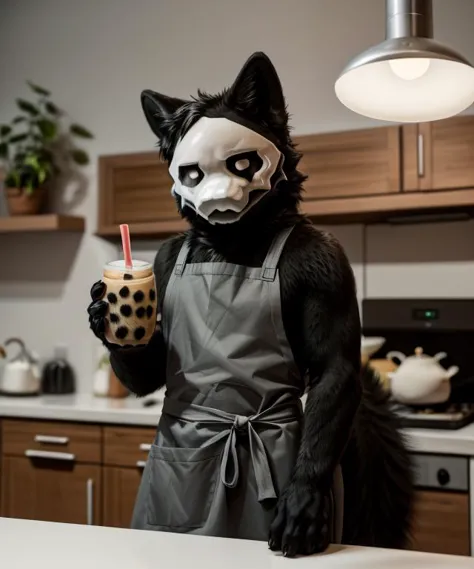 araffe in a mask holding a drink in a kitchen