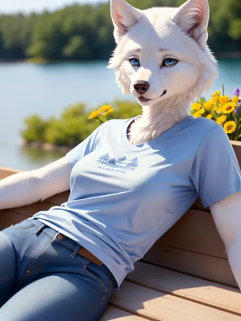 (Highest Quality, 4k, masterpiece, Amazing Details:1.1), laying near a lake,medium breast. deep blue eyes, (((wearing a t-shirt and jeans)), (full body:1.3)  Shallow Depth of Field, E671, lens 50mm f/2.0, (( anthro white wolf female)), thin eyebrows, wavy short hair with flower hair ornament, (realistic white fur, detailed fur texture:1.2), ((photorealistic) (RAW Photo))