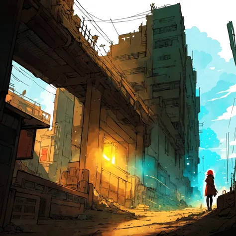 (beautiful woman), postapocalyptic, epic scene,, (Anime Scene, Toonshading, Satoshi Kon, Ken Sugimori, Hiromu Arakawa:1.2), (Anime Style, Manga Style:1.3), Low detail, sketch, concept art, line art, webtoon, manhua, hand drawn, defined lines, simple shades, minimalistic, High contrast, Linear compositions, Scalable artwork, Digital art, High Contrast Shadows, glow effects, humorous illustration, big depth of field, Masterpiece, colors, concept art, trending on artstation, Vivid colors, dramatic