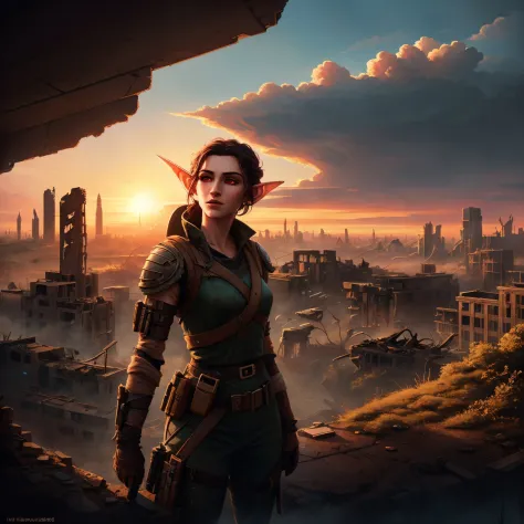 An 18 year old elven woman postapocalyptic outfit, (epic post apocalyptic destroyes city overgrown ruins), detailed background, ...