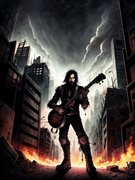 A black metal guy plays his guitar on the last day on earth , post-apocalyptic destroyed city background (colorful aquarell )