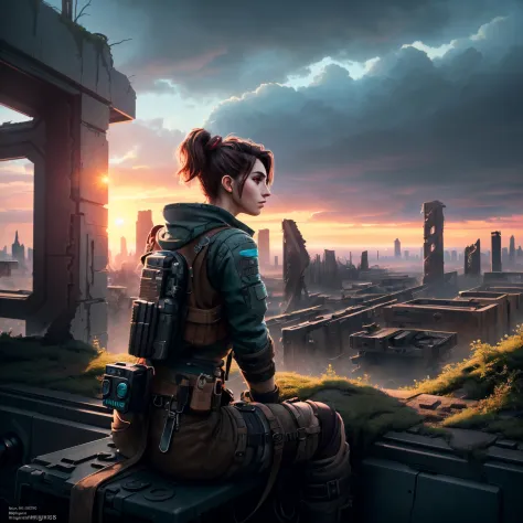 An 18 year old  woman postapocalyptic outfit, siting on a ((((enigma ))) device , (epic post apocalyptic destroyes city overgrow...