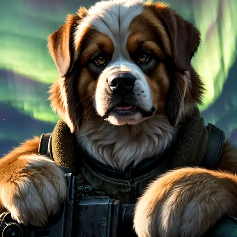 (Highest Quality, 4k, masterpiece:1.1), (realism, photorealistic:1.4), ray traced, hyper realism, soft lighting, detailed background, film grain, (detailed fur texture:1.3),
BREAK
(anthro female saint bernard), ((wearing post apocalyptic outfit:1.2)), inside a destroyed city after nuclear blast, sitting on a ammonition chest,looking down from a hill, holding a gun, looking angry, visible fangs  (perfect anatomy),((paws)), (aurora borealis), (close up:1.3)