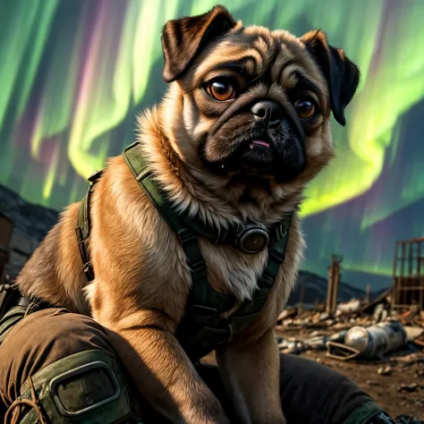 (Highest Quality, 4k, masterpiece:1.1), (realism, photorealistic:1.4), ray traced, hyper realism, soft lighting, detailed background, film grain, (detailed fur texture:1.3),
BREAK
(anthro female pug), ((wearing post apocalyptic outfit:1.2)), inside a destroyed city after nuclear blast, sitting on a ammonition chest,looking down from a hill, holding a gun, looking angry, visible fangs  (perfect anatomy),((paws)), (aurora borealis), (close up:1.3)