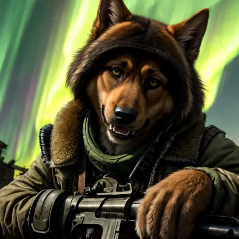 (Highest Quality, 4k, masterpiece:1.1), (realism, photorealistic:1.4), ray traced, hyper realism, soft lighting, detailed background, film grain, (detailed fur texture:1.3),
BREAK
(anthro female shepherd), ((wearing post apocalyptic outfit:1.2)), inside a destroyed city after nuclear blast, sitting on a ammonition chest,looking down from a hill, holding a gun, looking angry, visible fangs (perfect anatomy),((paws)), (aurora borealis), (close up:1.3)