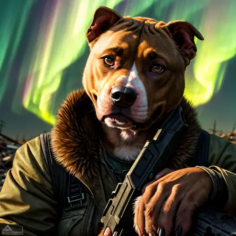 (Highest Quality, 4k, masterpiece:1.1), (realism, photorealistic:1.4), ray traced, hyper realism, soft lighting, detailed background, film grain, (detailed fur texture:1.3),
BREAK
(anthro female pitbull), ((wearing post apocalyptic outfit:1.2)), inside a destroyed city after nuclear blast, sitting on a ammonition chest,looking down from a hill, holding a gun, looking angry, visible fangs (perfect anatomy),((paws)), (aurora borealis), (close up:1.3)