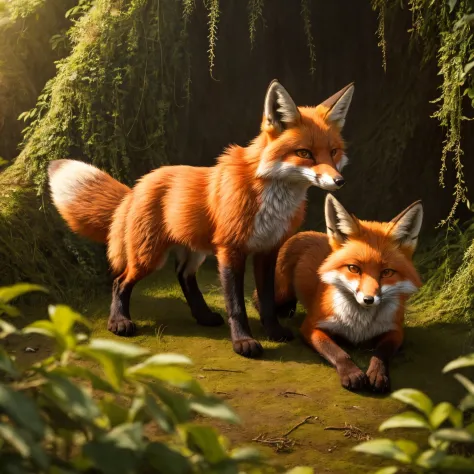 (Highest Quality, 4k, masterpiece:1.1), (lineart style:1.4),  soft lighting, detailed background, film grain, (detailed fox fur texture:1.3),
BREAK
(2 feral fox playing together), ( in nature) (overgrown ruins)