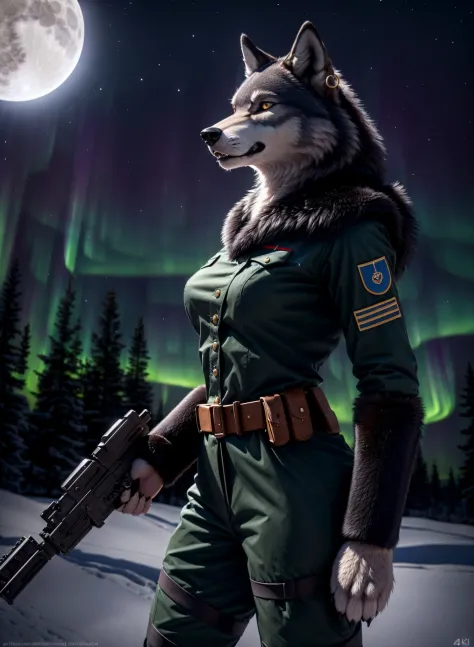 (portrait of anthro black wolf female), ((highly detailed ((wolf )) face)),((soldier uniform)) ,holding a maschine gun , ear and piercing, ear ring, notched ear,  female anthro  black wolf, cinematic lighting, ((detailed fur texture)), (highly detailed, realistic proportions, high detailed, 4k hdr), hyper realistic, ((photorealistic)), ( outdoors, trees and greenery, full moon, ((nighttime)) , looking at viewer, cinematic composition,  trending on artstation, vagina, visible fangs, armpit, angry, ((full body)), aurora borealis