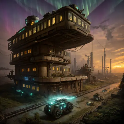 (((robot house:1.2))), (epic post apocalyptic destroyes city overgrown ruins), detailed background, amazing fine detail, RAW pho...