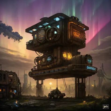 (((robot house:1.2))), (epic post apocalyptic destroyes city overgrown ruins), detailed background, amazing fine detail, RAW pho...