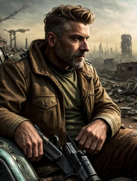 (post apocalyptic man) ,wearing  post apocalyptic clothes ,(destroyed city after nuclear blast),warzone, (post apocalyptic), looking down a hill, spicked necklance, holding a gun, sitting on a dieselpunk car
BREAK
(masterpiece, best quality, ultra realistic, 4k, 2k, (intricate, high detail:1.2), film photography, soft focus,
RAW photo, photorealistic, analog style, subsurface scattering, photorealism, absurd res), ((closeup))