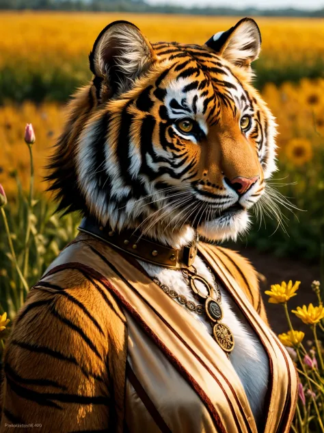 steampunk, (anthro tiger female), short hair, stockings, detailed silk clothes with armor, flower field, best quality, masterpie...