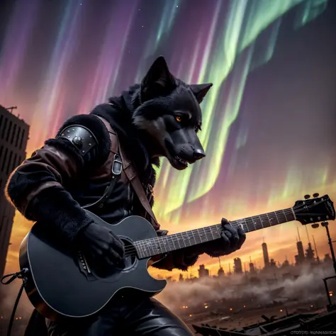 (Highest Quality, 4k, masterpiece:1.1), (realism, photorealistic:1.4), ray traced, hyper realism, soft lighting, detailed background, film grain, (detailed fur texture:1.3),
BREAK
((black metal)) anthro black wolf plays his guitar on the last day on earth ,(wearing black metal outfit),(( post-apocalyptic destroyed dieselpunk city background)) , fangs , angry, paws,(new dawn), (aurora borealis) , closeup