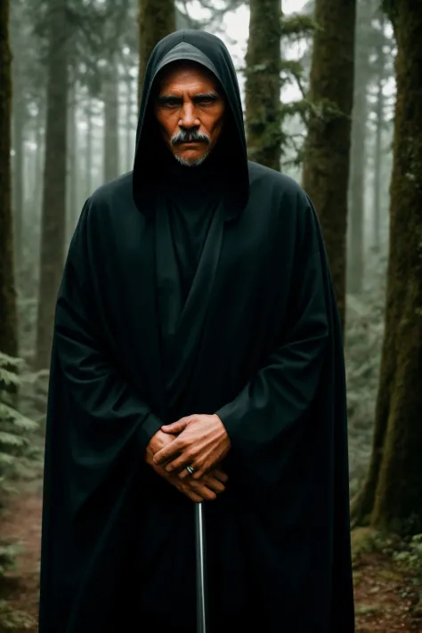 RAW photo, a portrait photo of grim reaper, traveler clothes, standing in the forest, natural skin, 8k uhd, high quality, film g...