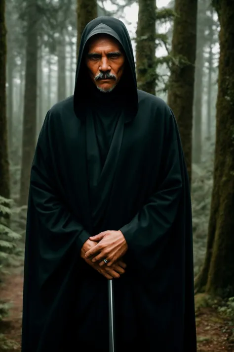 RAW photo, a portrait photo of grim reaper, traveler clothes, standing in the forest, natural skin, 8k uhd, high quality, film grain, Fujifilm XT3