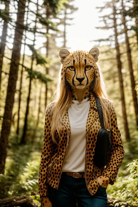 RAW photo, a portrait photo of (anthro cheetah woman), traveler clothes, standing in the forest, natural fur, 8k uhd, high quali...