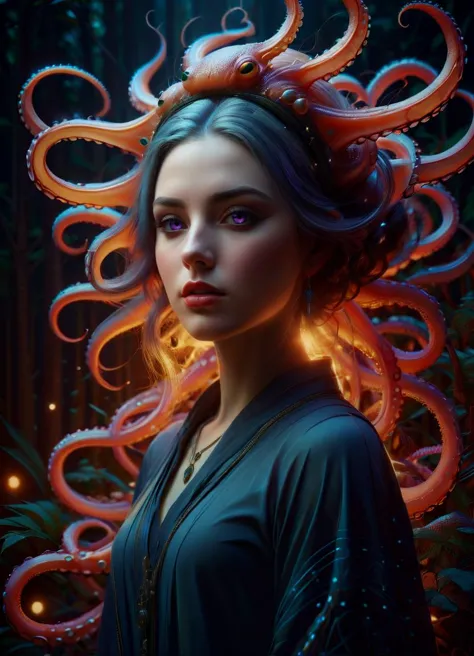 a very beautiful savage symmetric girl with squid embedded into her hair, fantastic forest, fantasy, ghosts, surrounded by roots, portrait, sharp focus, intricate, elegant, digital painting, artstation, matte, highly detailed, concept art, illustration, ambient lighting, (art by ilya kuvshinov, artgerm, alphonse mucha, and greg rutkowski:1.1), midsonmar  <lora:PastelPunkXL:0.58> <lora:Particles_Style_SDXL:0.68> ais-particlez, subsurface scattering, Photorealistic, Hyperrealistic, analog style, realistic, film photography, soft lighting, heavy shadow