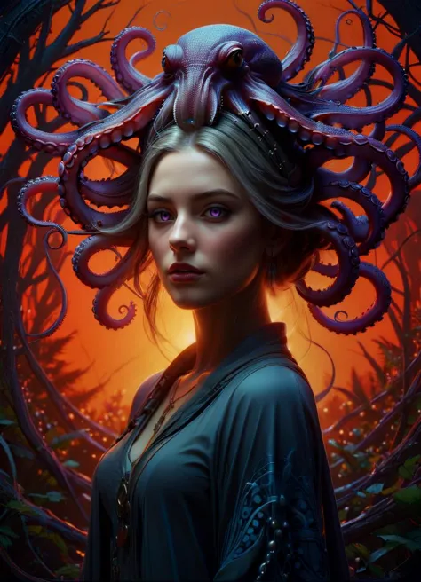 a very beautiful savage symmetric girl with octopus embedded into her hair, fantastic forest, fantasy, ghosts, surrounded by roots, portrait, sharp focus, intricate, elegant, digital painting, artstation, matte, highly detailed, concept art, illustration, ambient lighting, (art by ilya kuvshinov, artgerm, alphonse mucha, and greg rutkowski:1.1), midsonmar  <lora:PastelPunkXL:0.58> <lora:Particles_Style_SDXL:0.68> ais-particlez, subsurface scattering, Photorealistic, Hyperrealistic, analog style, realistic, film photography, soft lighting, heavy shadow