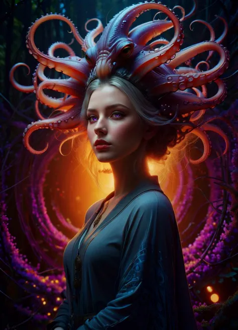 a very beautiful savage symmetric girl with squid embedded into her hair, fantastic forest, fantasy, ghosts, surrounded by roots, portrait, sharp focus, intricate, elegant, digital painting, artstation, matte, highly detailed, concept art, illustration, ambient lighting, (art by ilya kuvshinov, artgerm, alphonse mucha, and greg rutkowski:1.1), midsonmar  <lora:PastelPunkXL:0.58> <lora:Particles_Style_SDXL:0.68> ais-particlez, subsurface scattering, Photorealistic, Hyperrealistic, analog style, realistic, film photography, soft lighting, heavy shadow