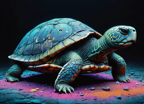 there is a turtle that is sitting on the ground with a black background