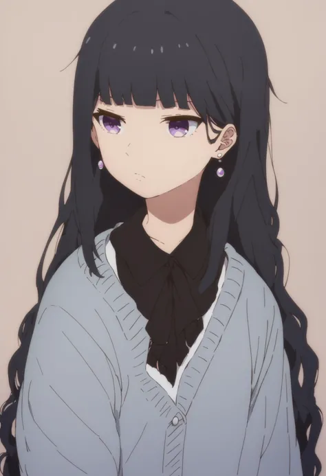 score_9, score_8_up, score_7_up, ã«ã¸ã¥ã¢ã« \(ç¾¤å  ã¿ãã\), Casual Clothes \(misuzu gundou\), long black hair, purple eyes, side locks, earrings, grey cardigan,  , closed mouth, blunt bangs, simple background, <lora:[V2]Misuzu-Gundou_XL:1>