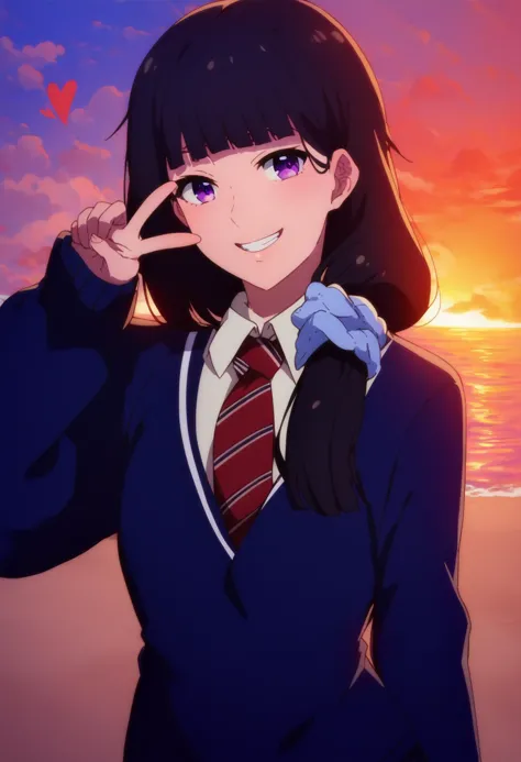 anime girl with black hair and blue eyes in a blue jacket