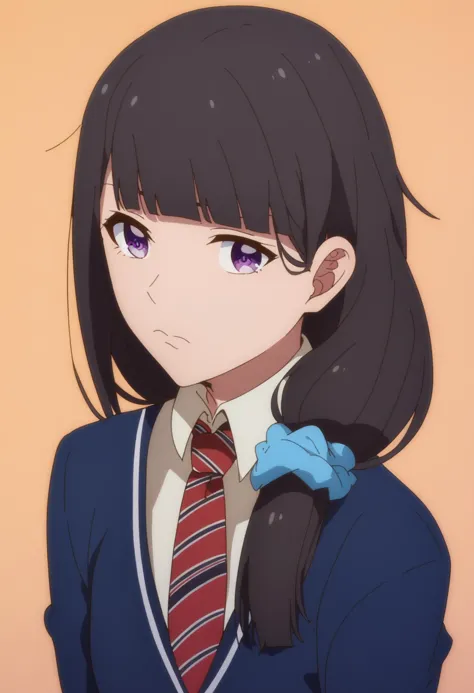 anime girl with long black hair wearing a blue jacket and a red tie