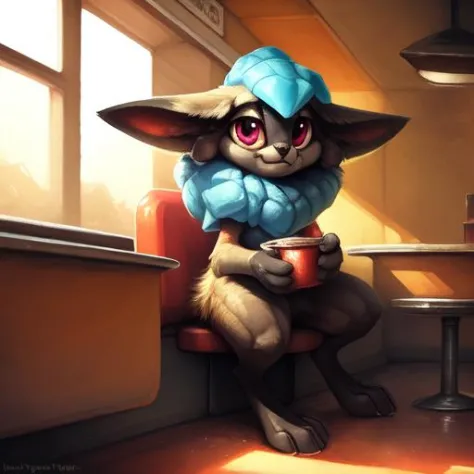 this image depicts a innki sitting in a diner, anthro, clothing, full-length portrait, looking at viewer, solo,
inside, detailed background, by kenket, by darkgem, by plattyneko,
extremely detailed, detailed shading, volumetric lighting, natural light, Fuj...