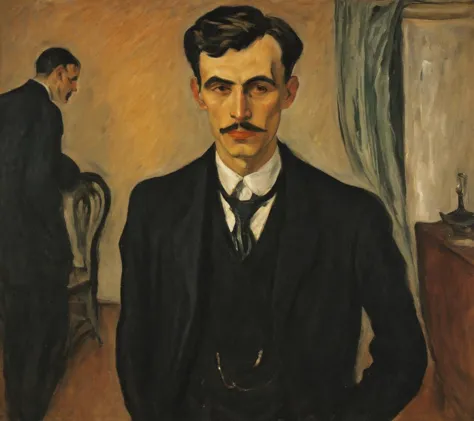 impresionante al estilo de Edvard Munch, Al estilo Edvard Munch, Arte de Edvard Munch, Edvard Munch pintura de un hombre con traje de pie en una habitación, eduardo mascar, por Edvard Munch, por Gustaf Munch Petersen, por Lovis Corinto, por Munch, Estilo Valentin Serov, de Erich Heckel, inspired por Gustaf Munch Petersen, de Chaim Soutine, de Max Beckmann, por Oskar Kokoschka   . Premiado, Profesional, muy detallado