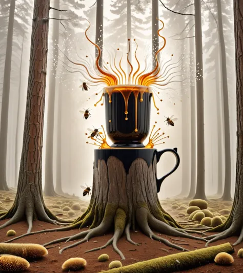 Arte surrealista imagen fotorealista 4K de una taza de café de ilustración de James Gilleard, pero en lugar de cerámica, está elaborado con miel cristalizada. Cuando está lleno, El vapor se eleva en forma de abejas., creando una fascinante experiencia de bebida matutina. de ensueño, misterioso, provocativo, Simbólico, Intrincado, detallado . Obras de arte digitales, ilustrativo, pictórico, pintura mate, highly detallado
, Copos incoloros, ("en lo profundo del bosque, Los árboles centenarios hacen de centinela, custodiando secretos susurrados a través de los siglos.":1.3) , premiado, hyperdetallado, fantasía épica, photolab, Extremadamente bello, estilo de Edvard Munch, Al estilo Edvard Munch, Arte de Edvard Munch, Edvard Munch . de ensueño, misterioso, provocativo, Simbólico, Intrincado, detallado