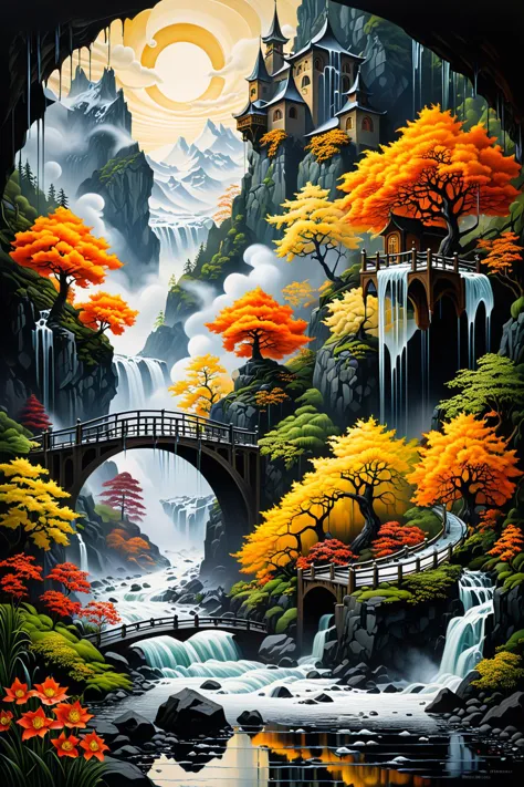 a painting of a waterfall and bridge in a forest with trees