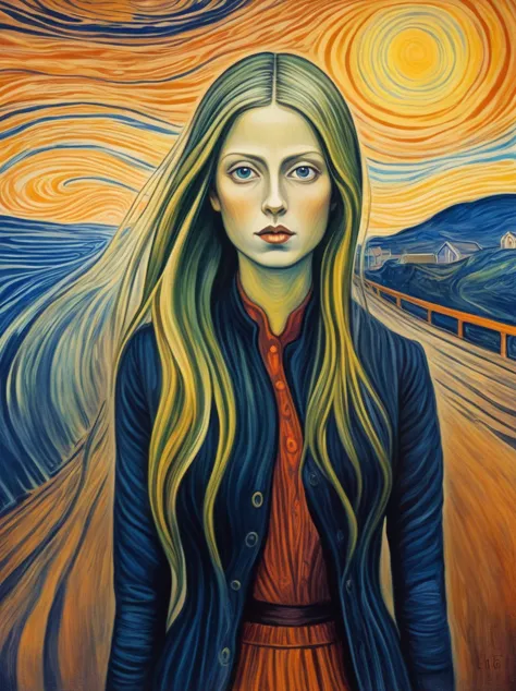 Amanda Sage style, 1girl, <lora:last-000002:0.9>, <lora:FF-Style-Edvard-Munch-vpred:0.32>, style of Edvard Munch, bold colors, high contrast, extremely detailed, high quality, highly detailed,