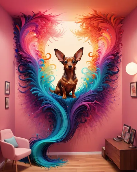 Abstract style James Gilleard, Embroidery, Mono Color, CCTV, Electic Colors, Noble ([Yeti| Eevee]:1.3) - Dachshund hybrid, Hispanicore, ethereal magical atmosphere, Nostalgic lighting, Agfacolor, CMYK Colors, short lighting, Charlie Bowater, vibrant, esao andrews art a colorful abstract wall mural in a room, abstract 3 d artwork, 3d digital art 4k, intricate flowing paint, surreal colors, surreal design, 3d abstract render overlayed, digital artwork 4 k, abstract 3d rendering, detailed digital 3d art, 8k stunning artwork, 4k highly detailed digital art, digital art 4k . Non-representational, colors and shapes, expression of feelings, imaginative, highly detailed